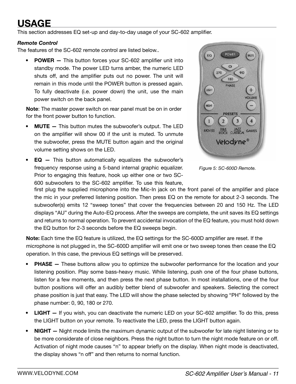 Usage | Velodyne SC-602 Amplifier User Manual | Page 17 / 27