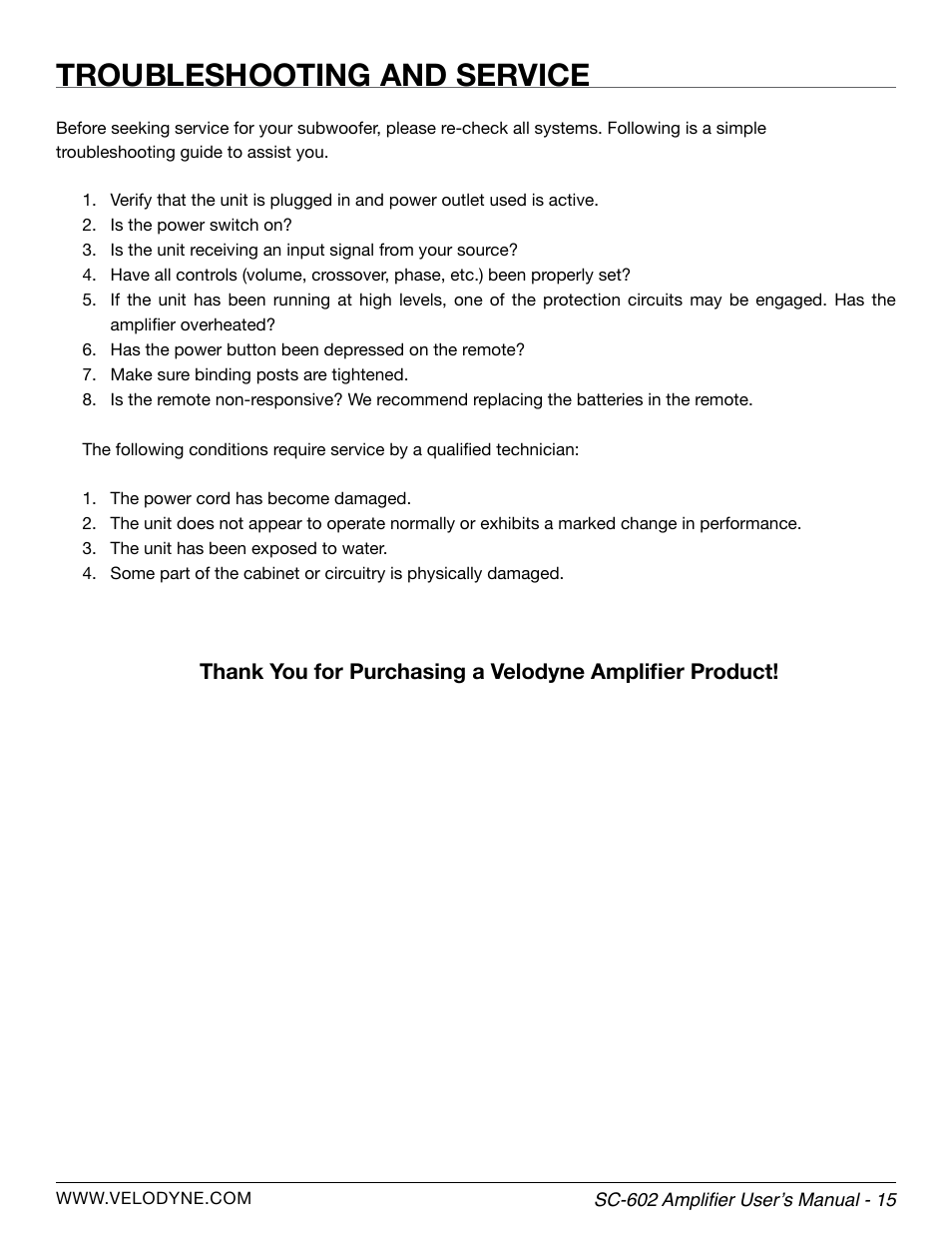 Troubleshooting and service | Velodyne SC-602 Amplifier User Manual | Page 21 / 27