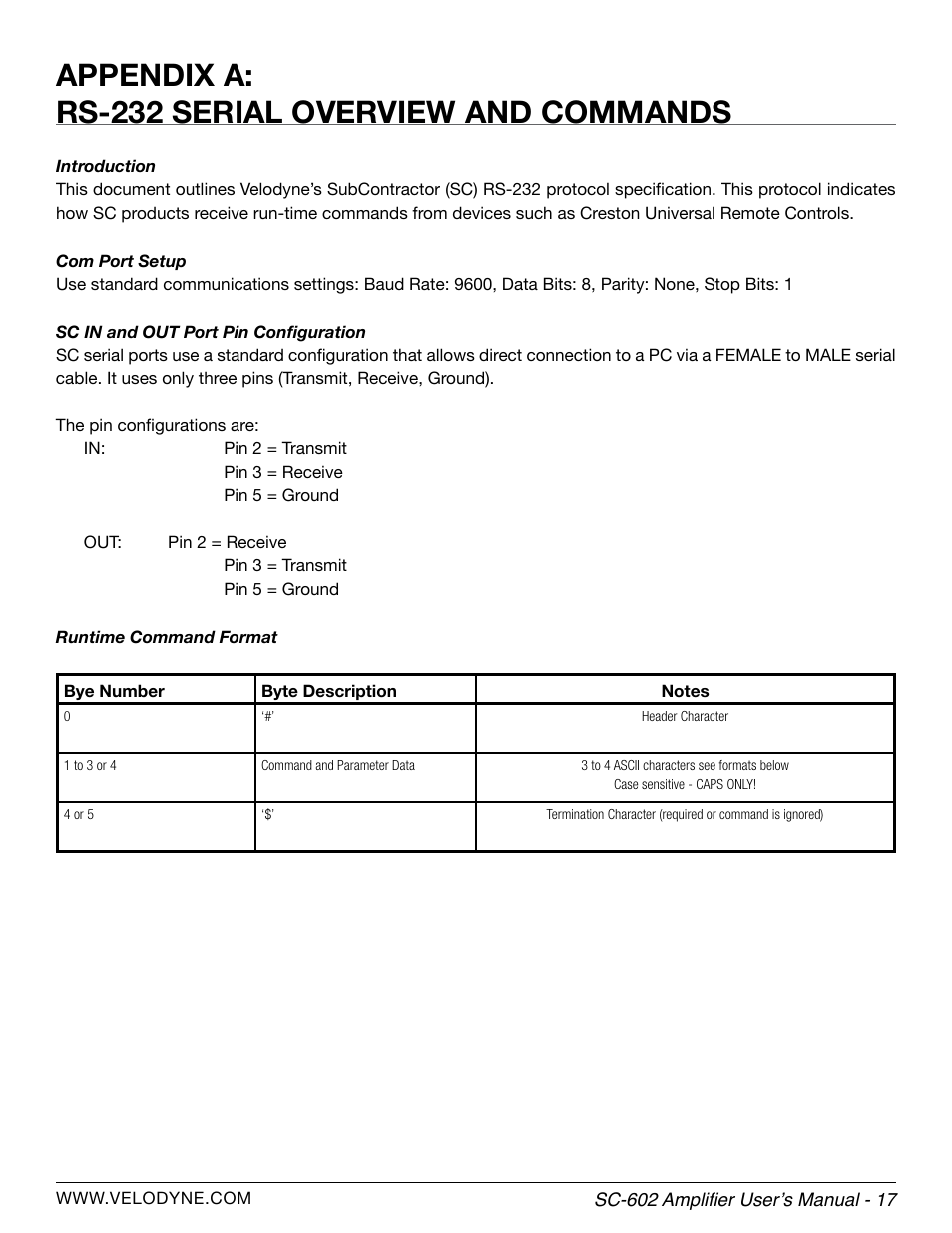 Appendix a: rs-232 serial overview and commands | Velodyne SC-602 Amplifier User Manual | Page 23 / 27