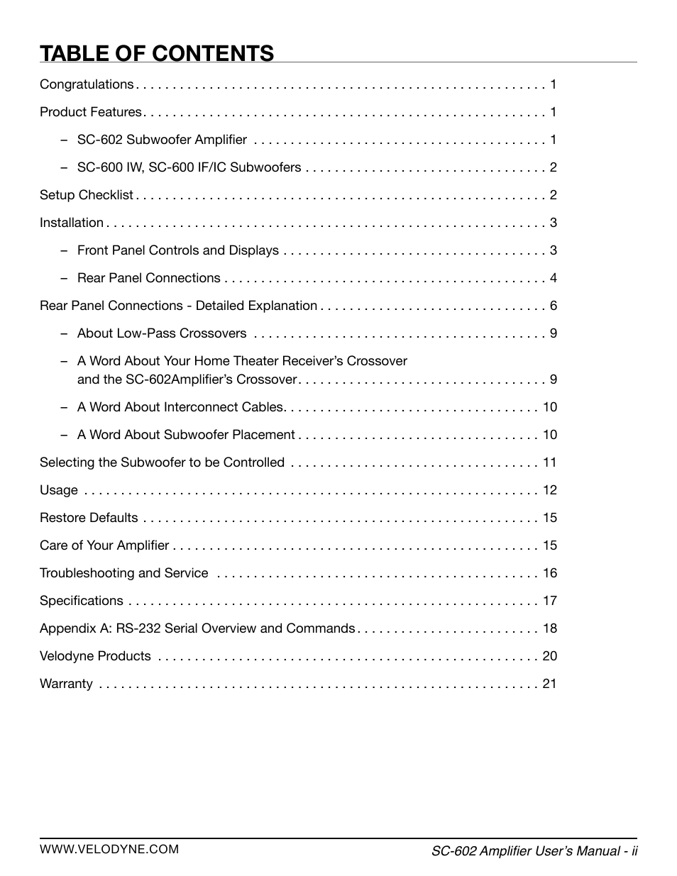 Velodyne SC-602 Amplifier User Manual | Page 5 / 27