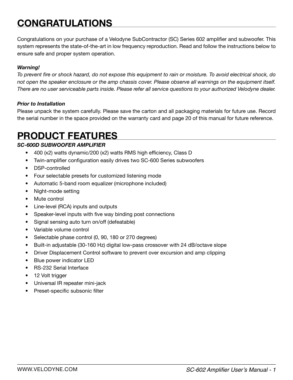 Product features | Velodyne SC-602 Amplifier User Manual | Page 7 / 27