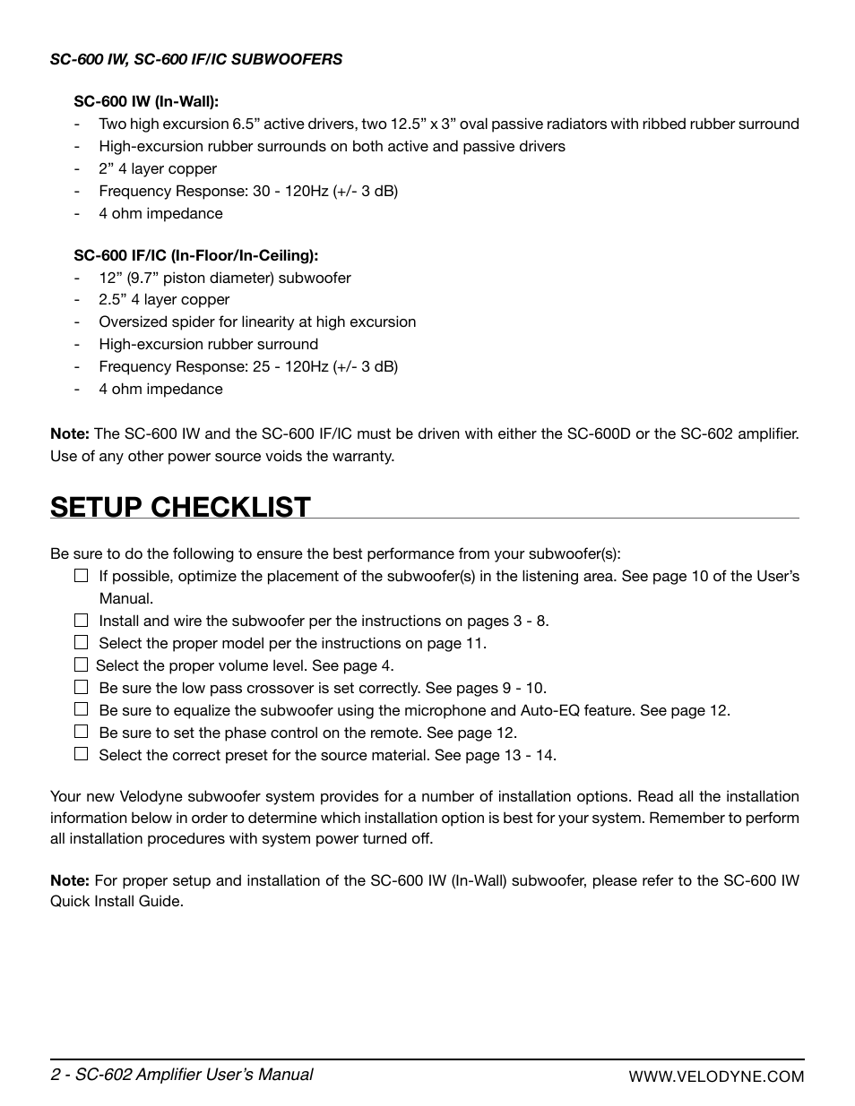 Setup checklist | Velodyne SC-602 Amplifier User Manual | Page 8 / 27