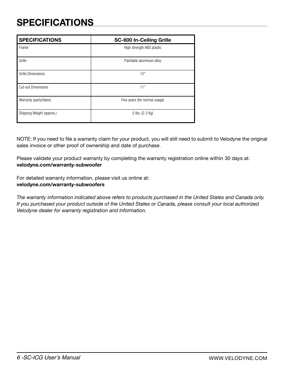 Specifications | Velodyne SC-ICG User Manual | Page 10 / 12