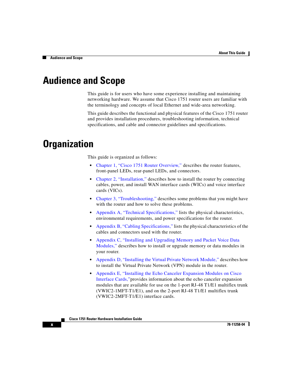 Audience and scope, Organization | Cisco 1751 User Manual | Page 10 / 98