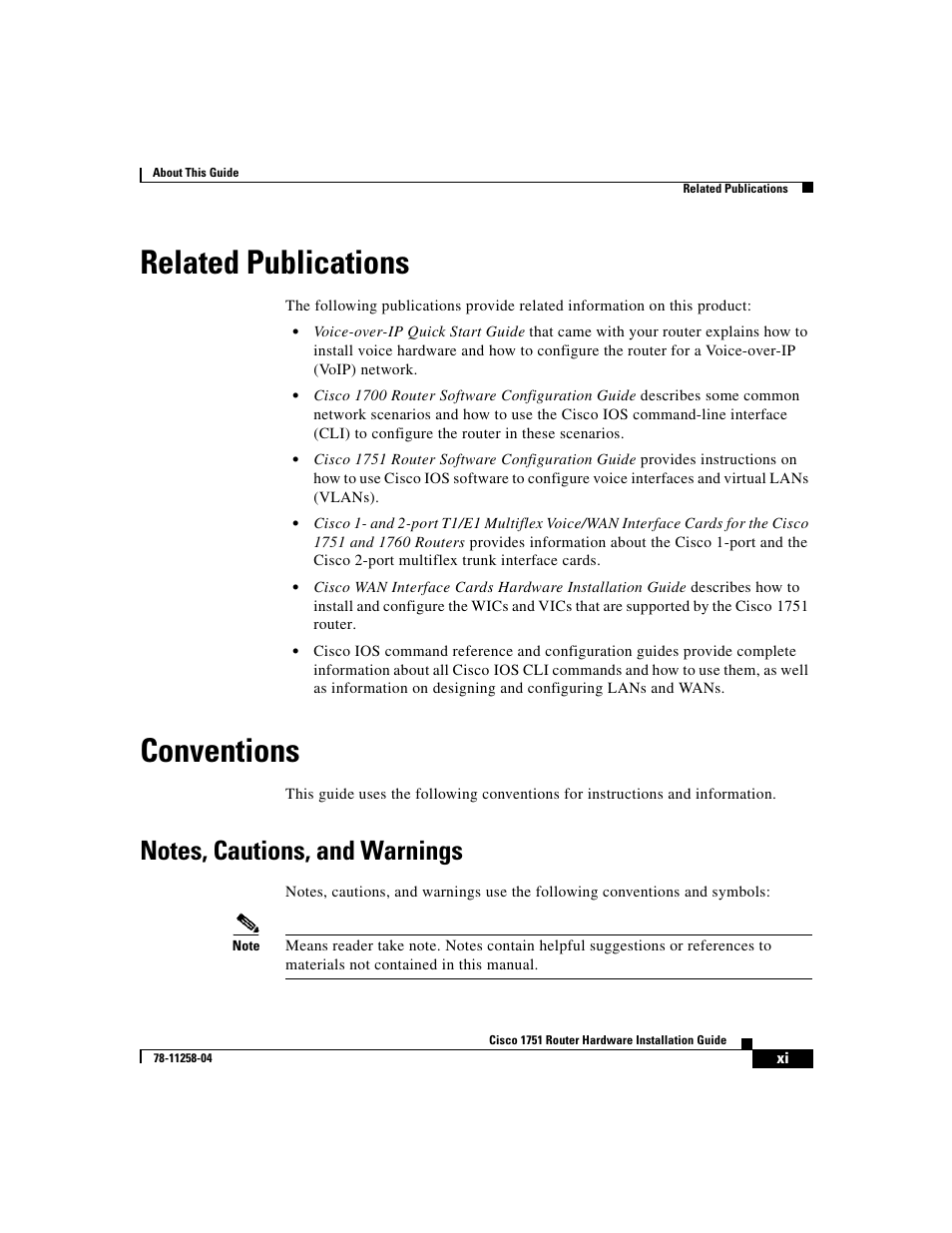 Related publications, Conventions, Notes, cautions, and warnings | Cisco 1751 User Manual | Page 11 / 98