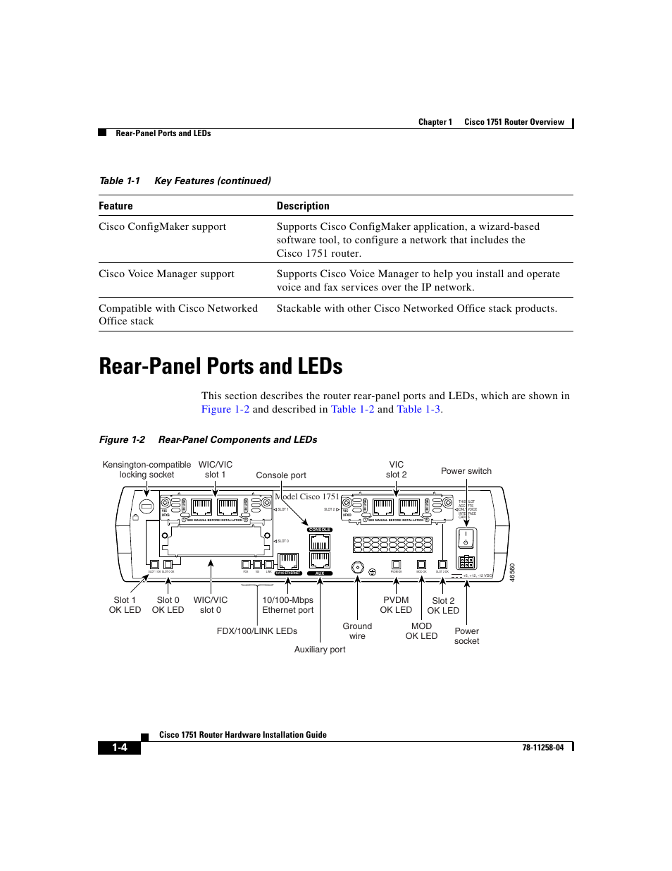 Rear-panel ports and leds, Feature description, Figure 1-2 rear-panel components and leds | Table 1-1 key features (continued) | Cisco 1751 User Manual | Page 20 / 98