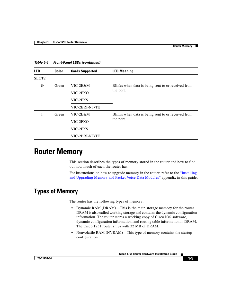 Router memory, Types of memory | Cisco 1751 User Manual | Page 25 / 98