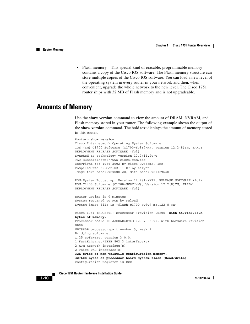 Amounts of memory | Cisco 1751 User Manual | Page 26 / 98