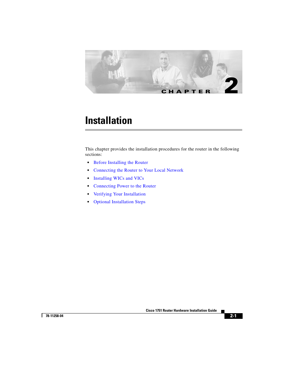 Installation, C h a p t e r, Chapter 2, “installation | Desc | Cisco 1751 User Manual | Page 29 / 98