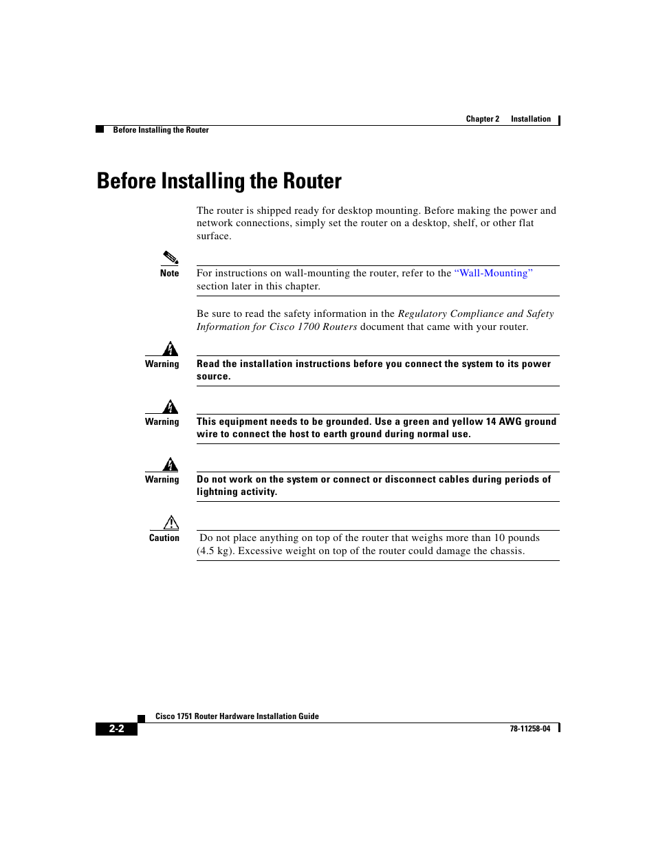 Before installing the router | Cisco 1751 User Manual | Page 30 / 98