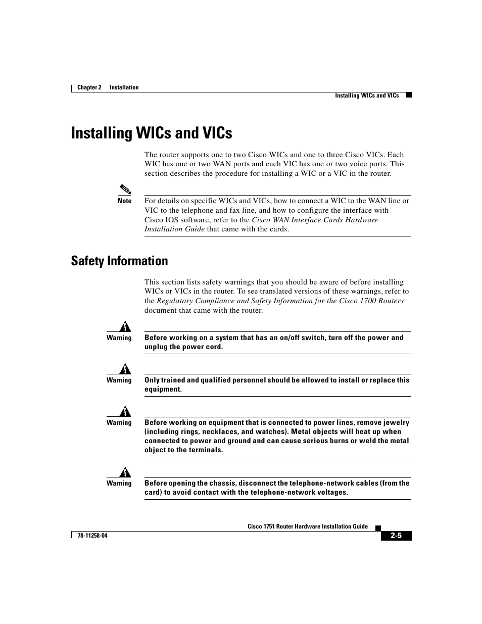 Installing wics and vics, Safety information | Cisco 1751 User Manual | Page 33 / 98