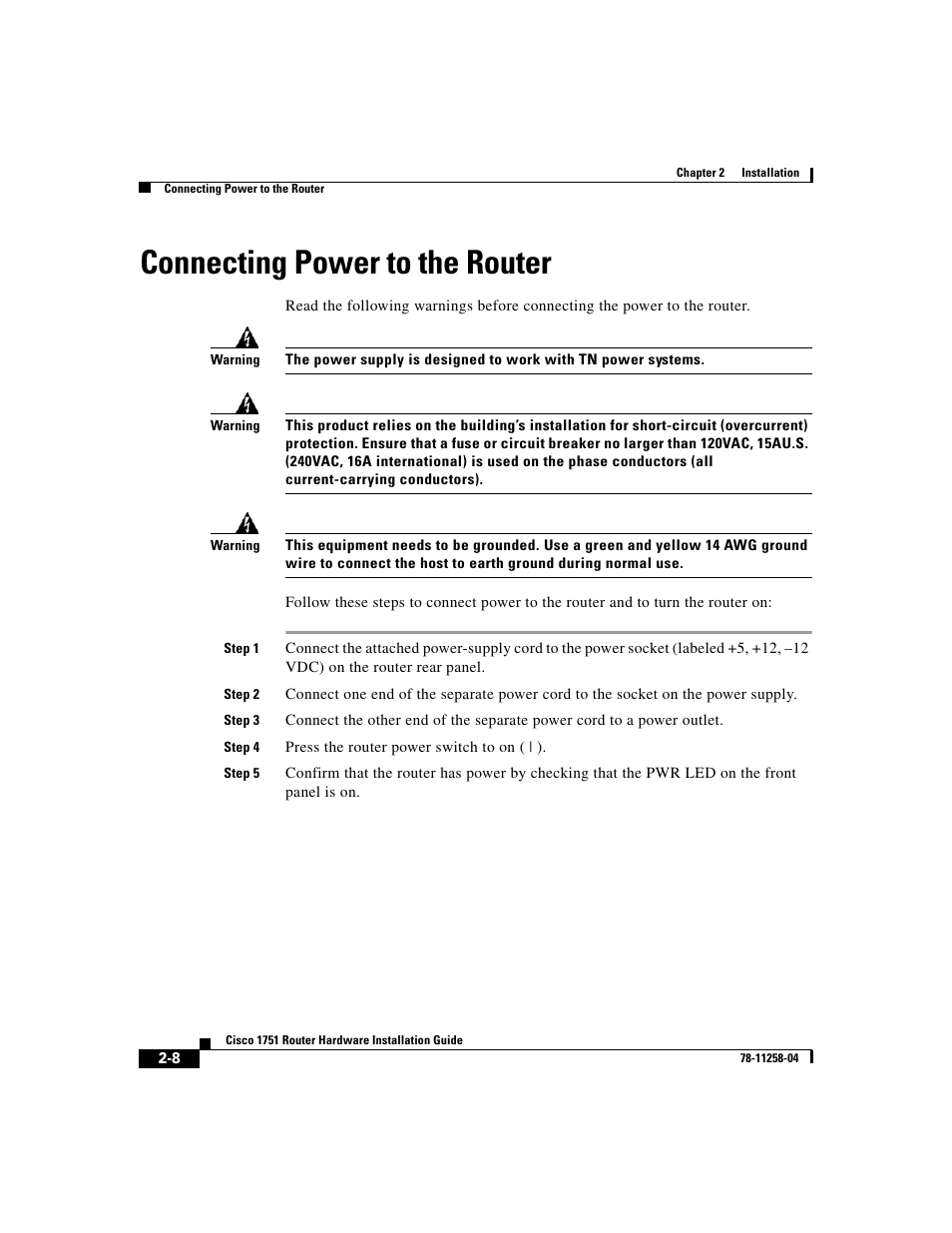 Connecting power to the router | Cisco 1751 User Manual | Page 36 / 98