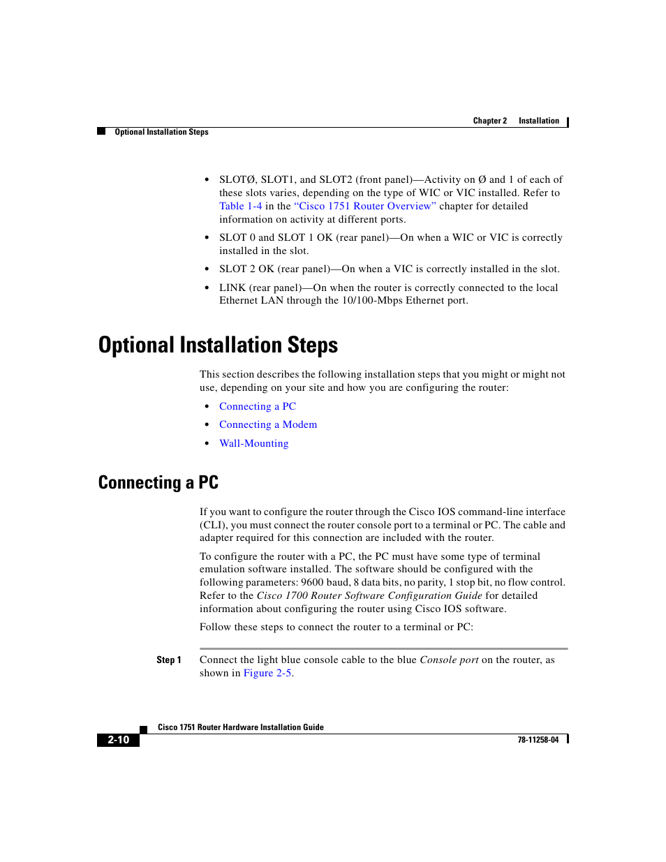 Optional installation steps, Connecting a pc | Cisco 1751 User Manual | Page 38 / 98