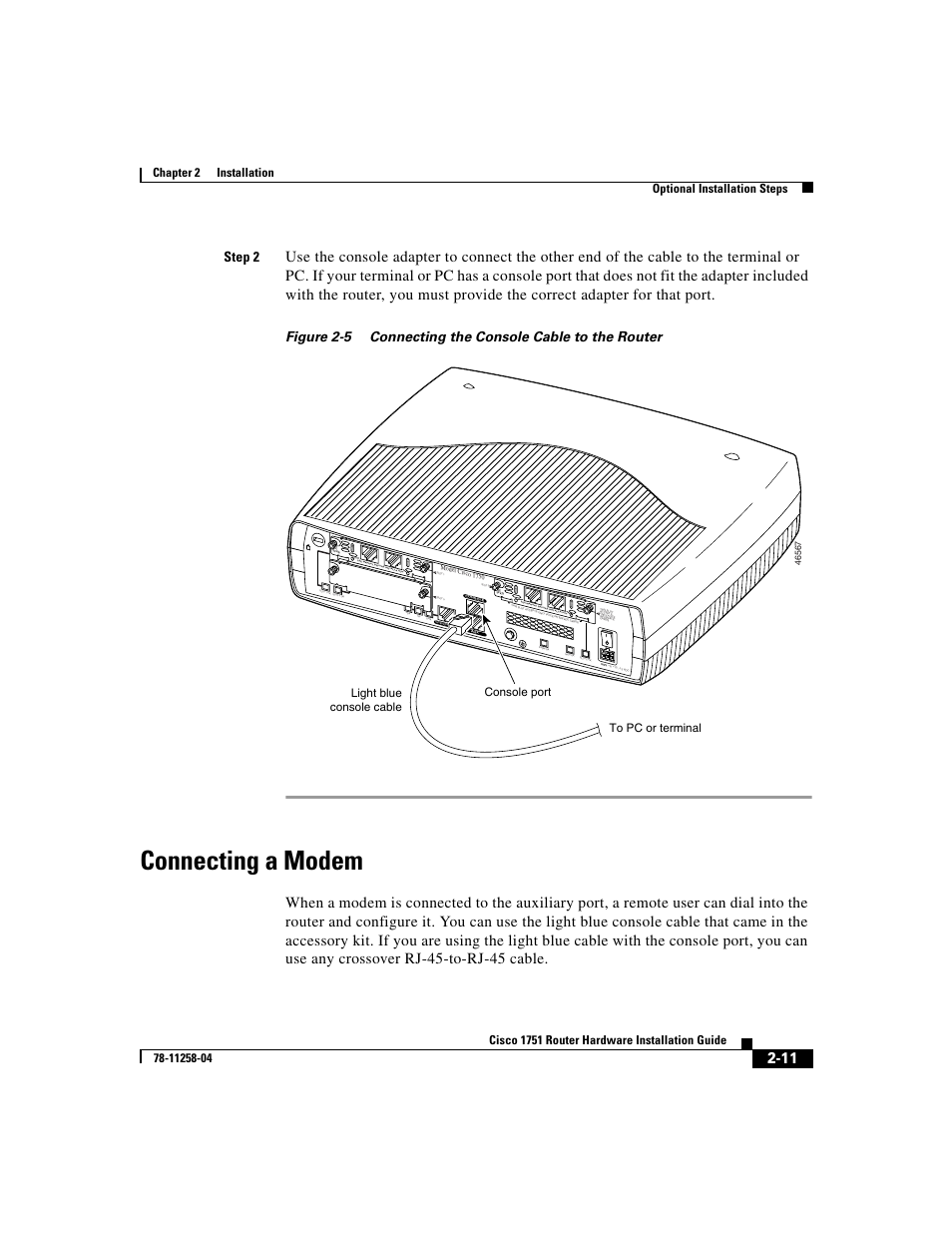 Connecting a modem, Figure 2-5, Step 2 | See m anu al b efor e in stal latio n | Cisco 1751 User Manual | Page 39 / 98