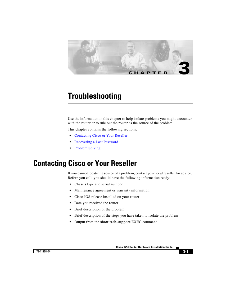 Troubleshooting, Contacting cisco or your reseller, C h a p t e r | Chapter 3, “troubleshooting, Descr | Cisco 1751 User Manual | Page 43 / 98