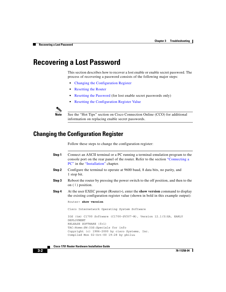 Recovering a lost password, Changing the configuration register | Cisco 1751 User Manual | Page 44 / 98