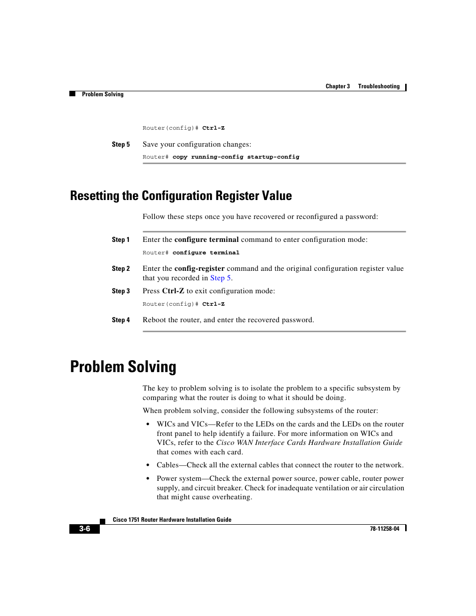 Resetting the configuration register value, Problem solving, Xt section | Cisco 1751 User Manual | Page 48 / 98