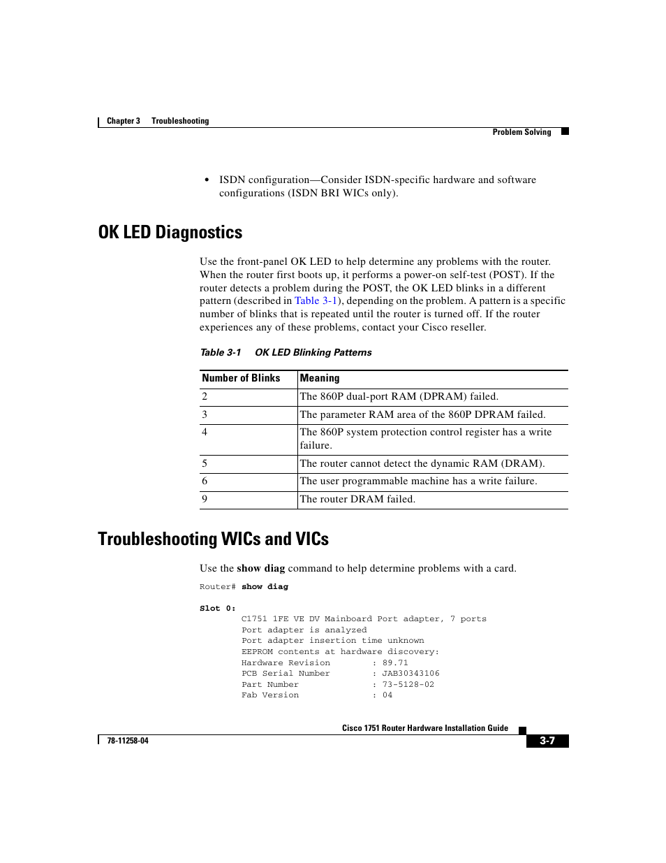 Ok led diagnostics, Troubleshooting wics and vics | Cisco 1751 User Manual | Page 49 / 98