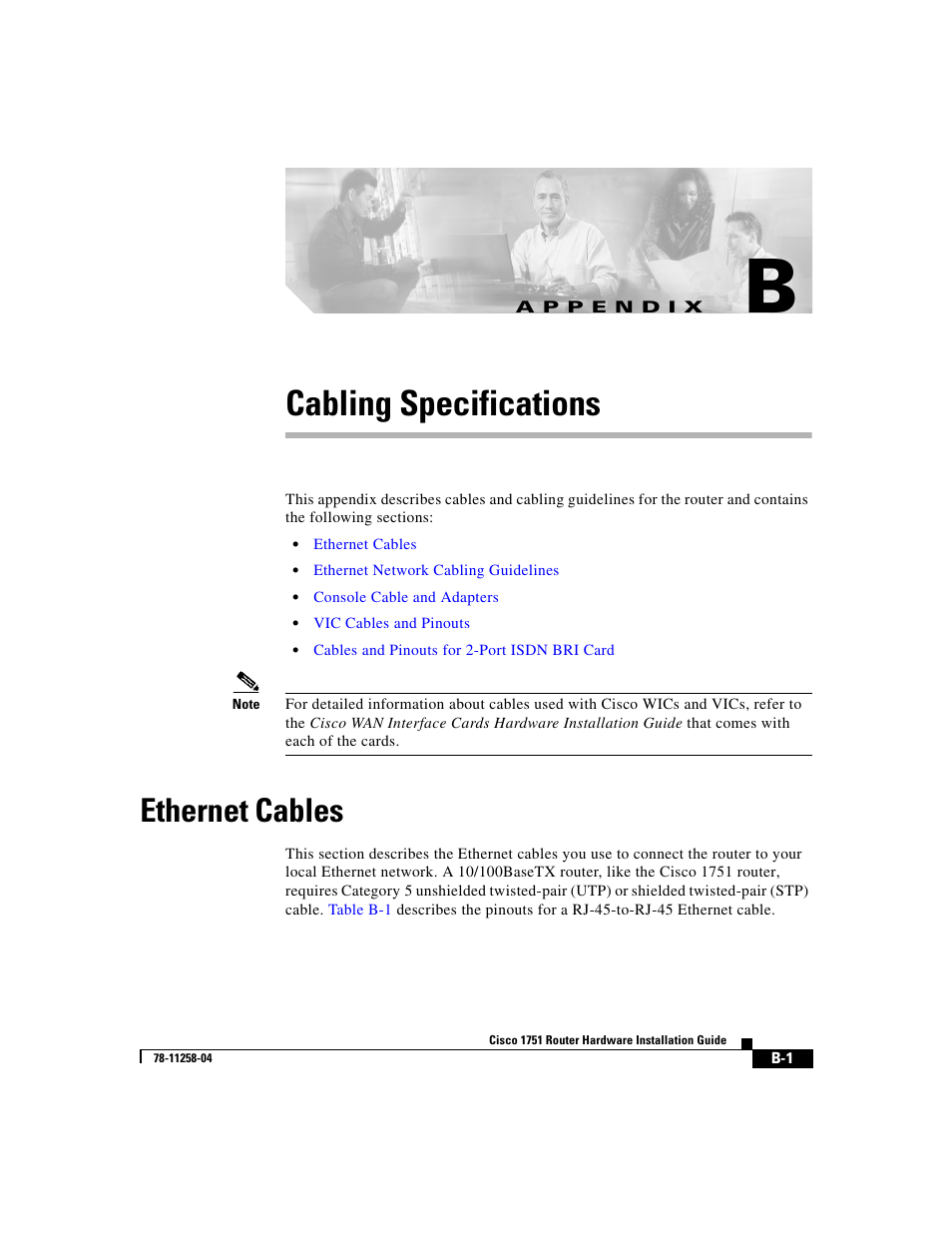 Cabling specifications, Ethernet cables, A p p e n d i x | Appendix b, “cabling specifications | Cisco 1751 User Manual | Page 59 / 98