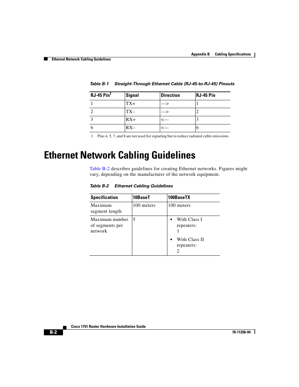 Ethernet network cabling guidelines, Table b-1 | Cisco 1751 User Manual | Page 60 / 98