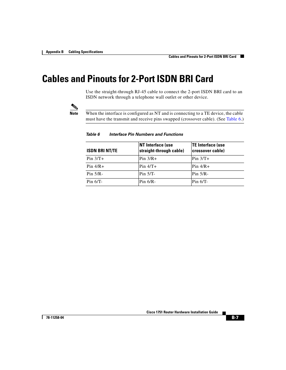 Cables and pinouts for 2-port isdn bri card | Cisco 1751 User Manual | Page 65 / 98