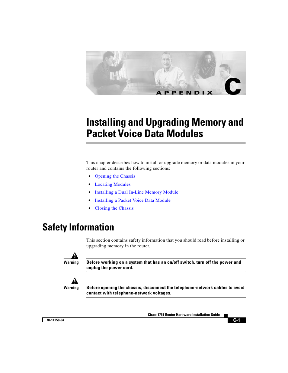 Safety information, A p p e n d i x, Installing | And upgrading memory and packet voice data modules | Cisco 1751 User Manual | Page 67 / 98