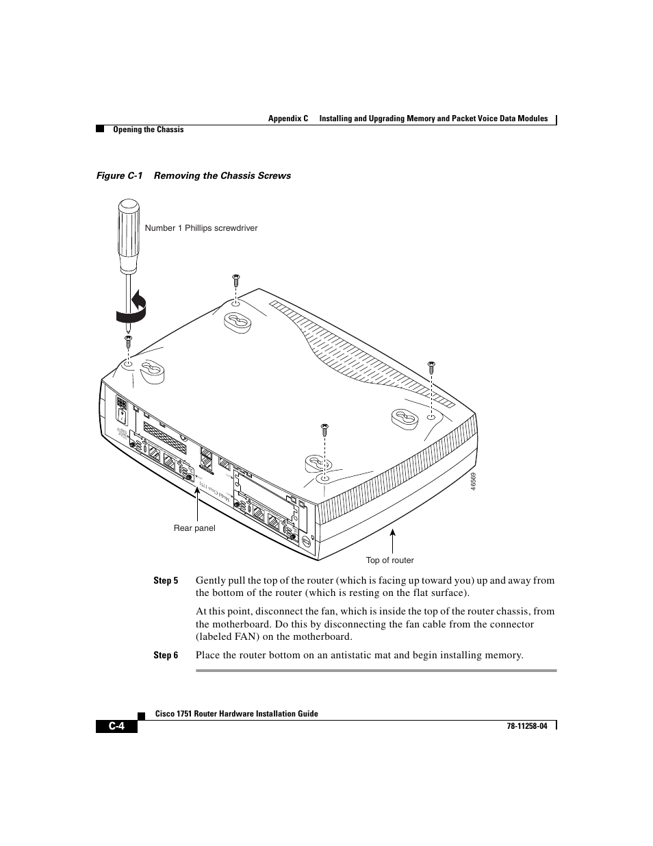 Figure c-1 removing the chassis screws step 5, Step 6 | Cisco 1751 User Manual | Page 70 / 98