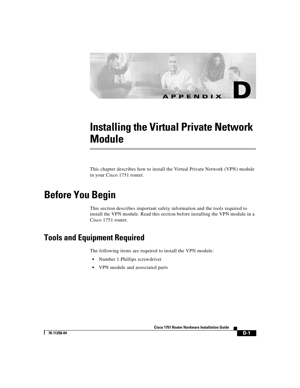 Installing the virtual private network module, Before you begin, Tools and equipment required | A p p e n d i x | Cisco 1751 User Manual | Page 77 / 98