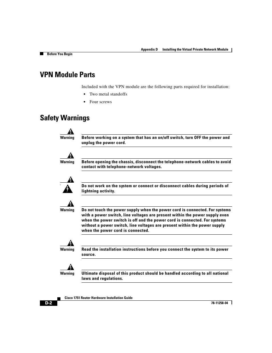 Vpn module parts, Safety warnings | Cisco 1751 User Manual | Page 78 / 98