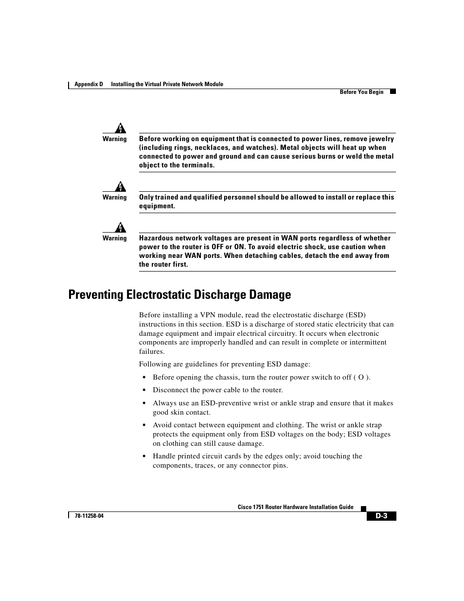 Preventing electrostatic discharge damage | Cisco 1751 User Manual | Page 79 / 98