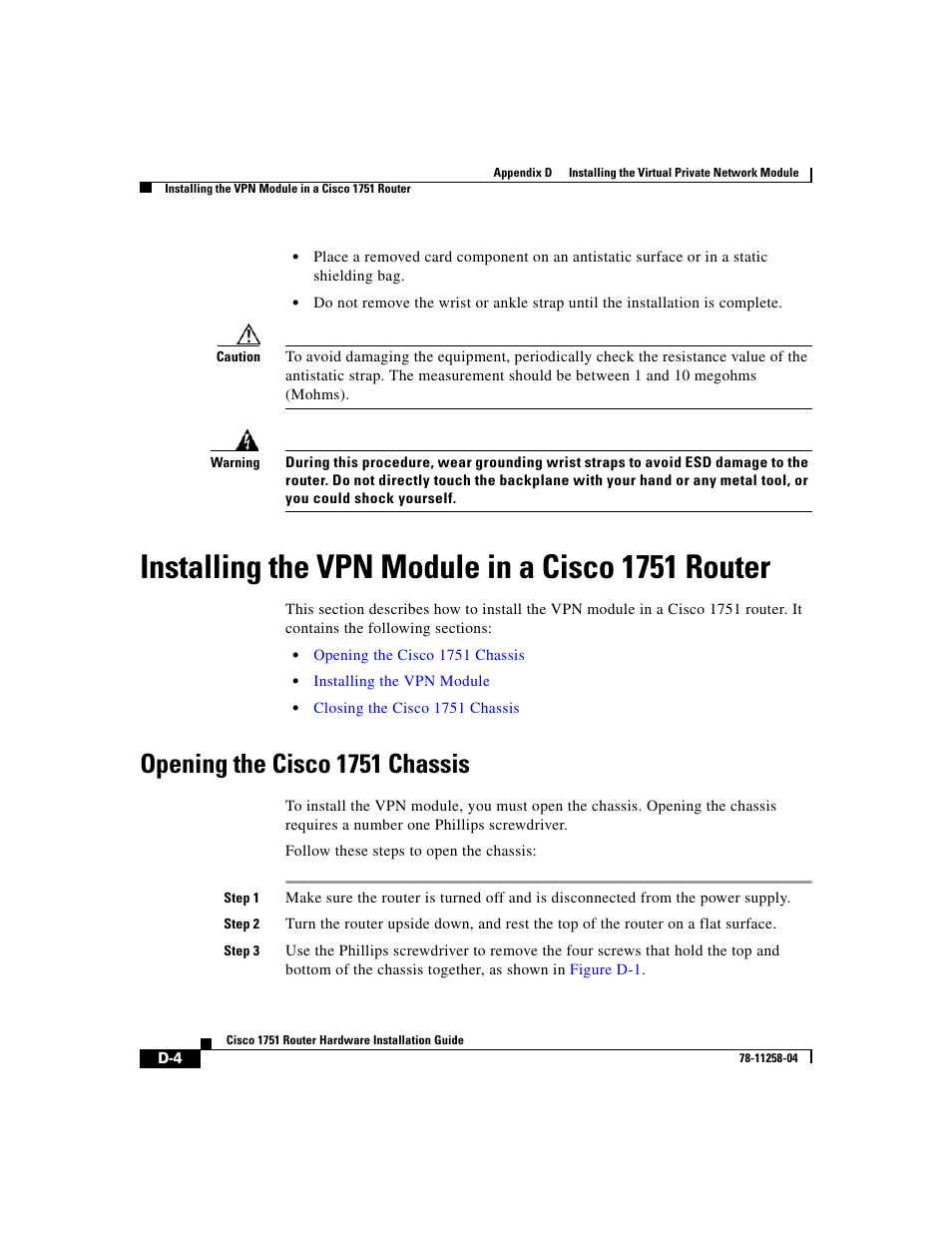 Installing the vpn module in a cisco 1751 router, Opening the cisco 1751 chassis | Cisco 1751 User Manual | Page 80 / 98