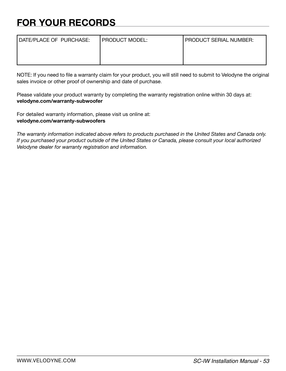 For your records | Velodyne SC-IWBB User Manual | Page 59 / 64