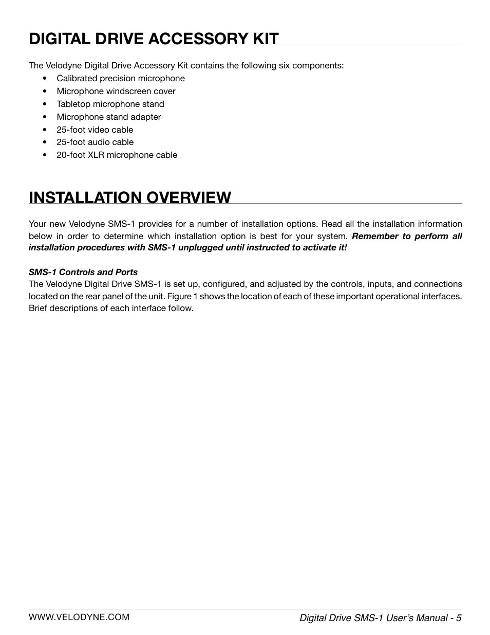 Digital drive accessory kit, Installation overview | Velodyne SMS-1 User Manual | Page 11 / 49