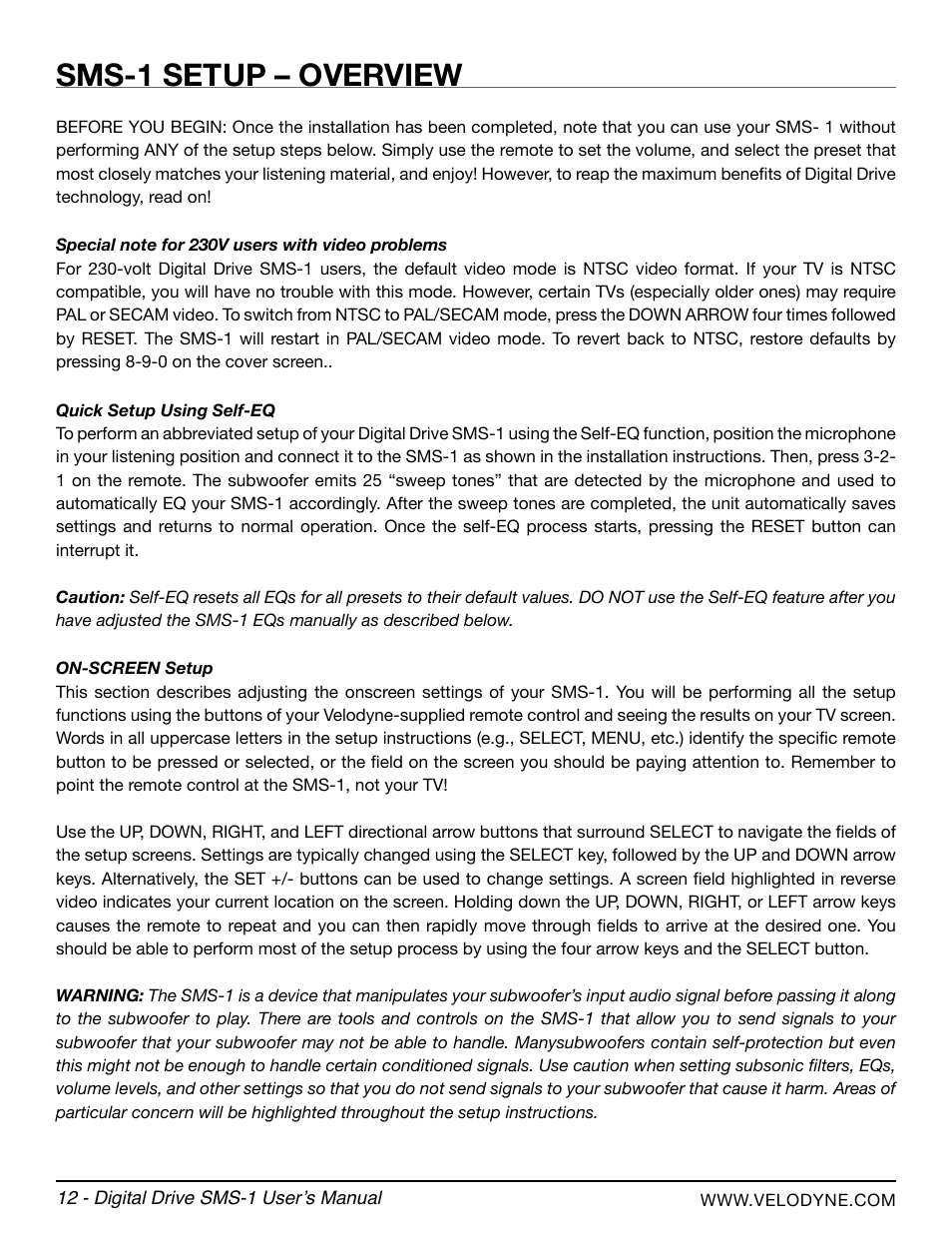 Sms-1 setup – overview | Velodyne SMS-1 User Manual | Page 18 / 49