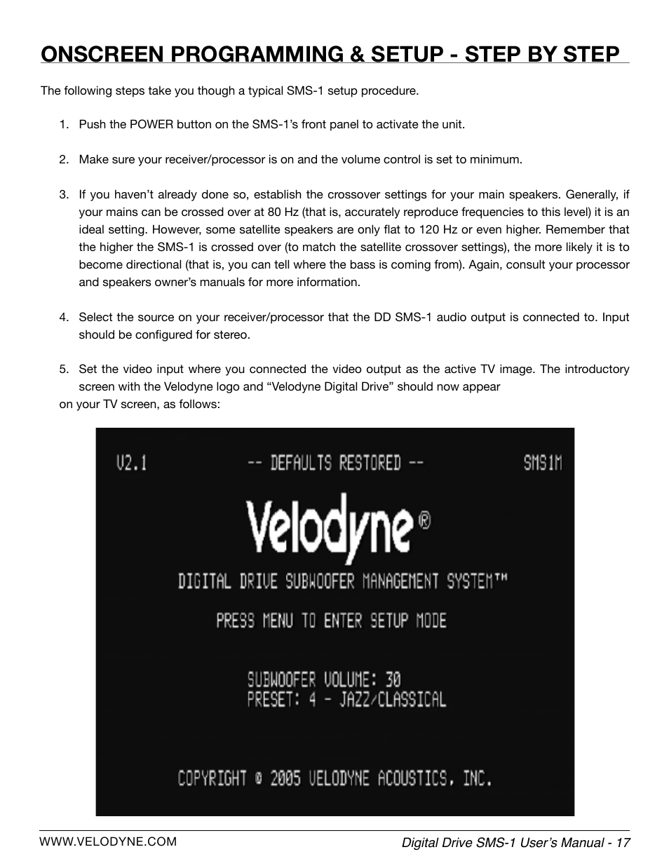 Onscreen programming & setup - step by step | Velodyne SMS-1 User Manual | Page 23 / 49