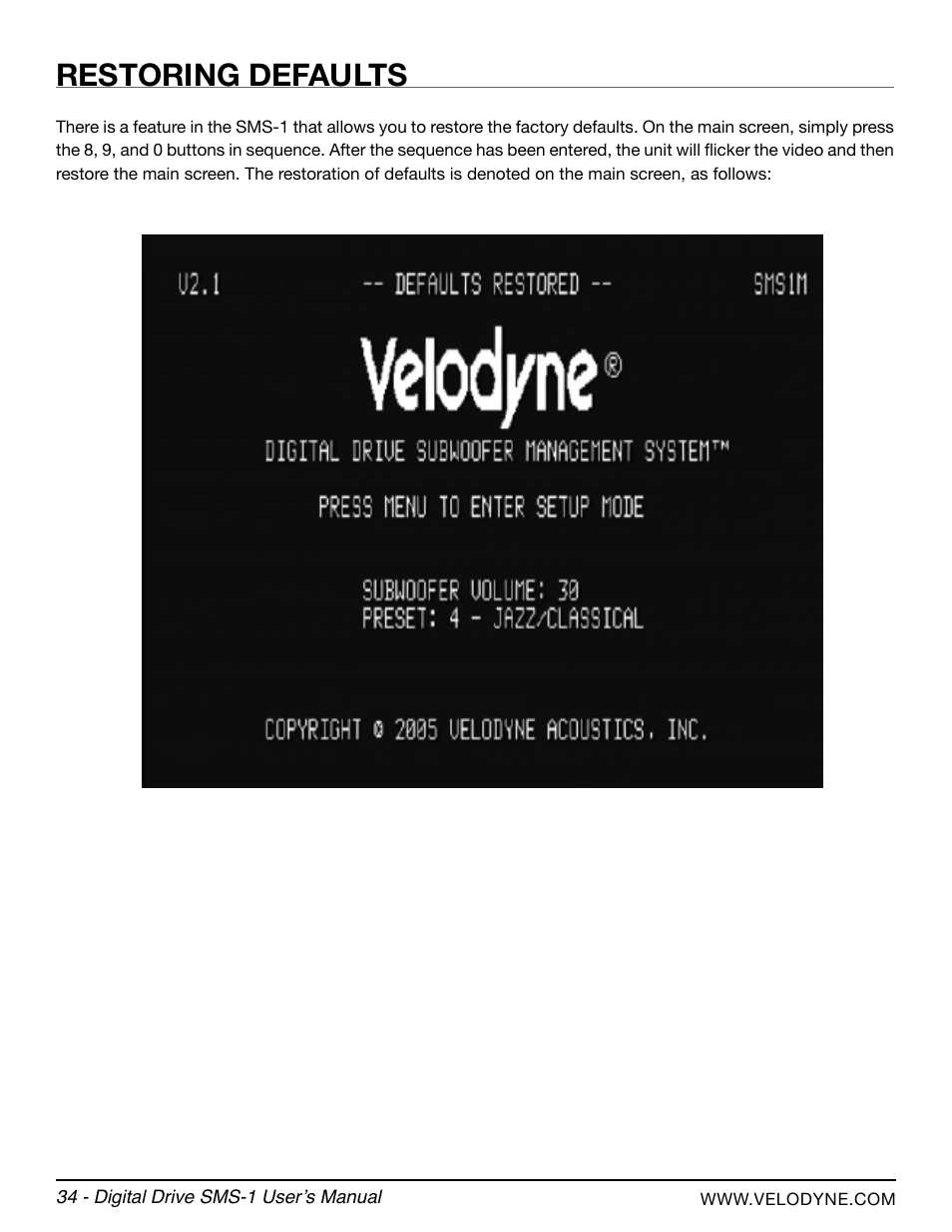 Restoring defaults | Velodyne SMS-1 User Manual | Page 40 / 49