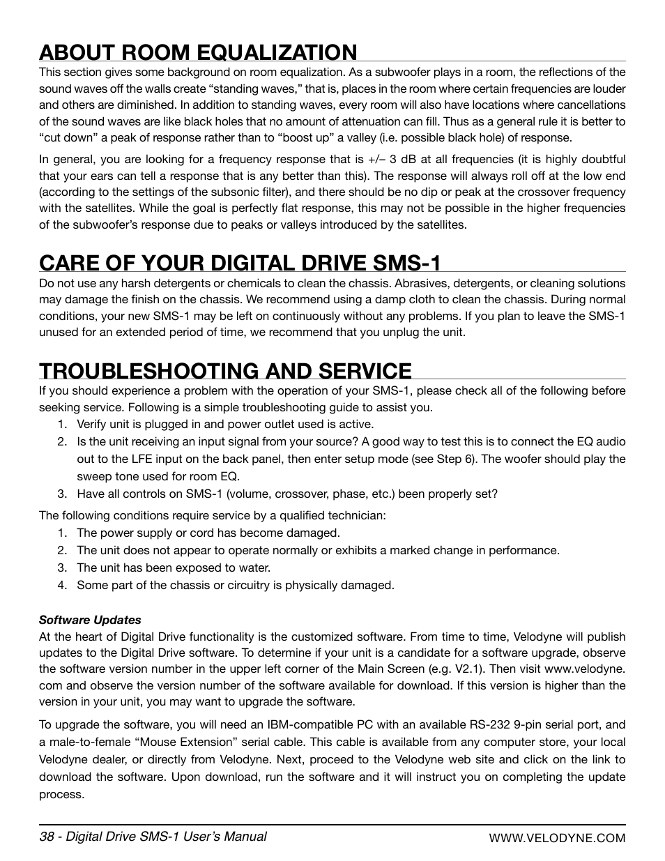 About room equalization, Care of your digital drive sms-1, Troubleshooting and service | Velodyne SMS-1 User Manual | Page 44 / 49