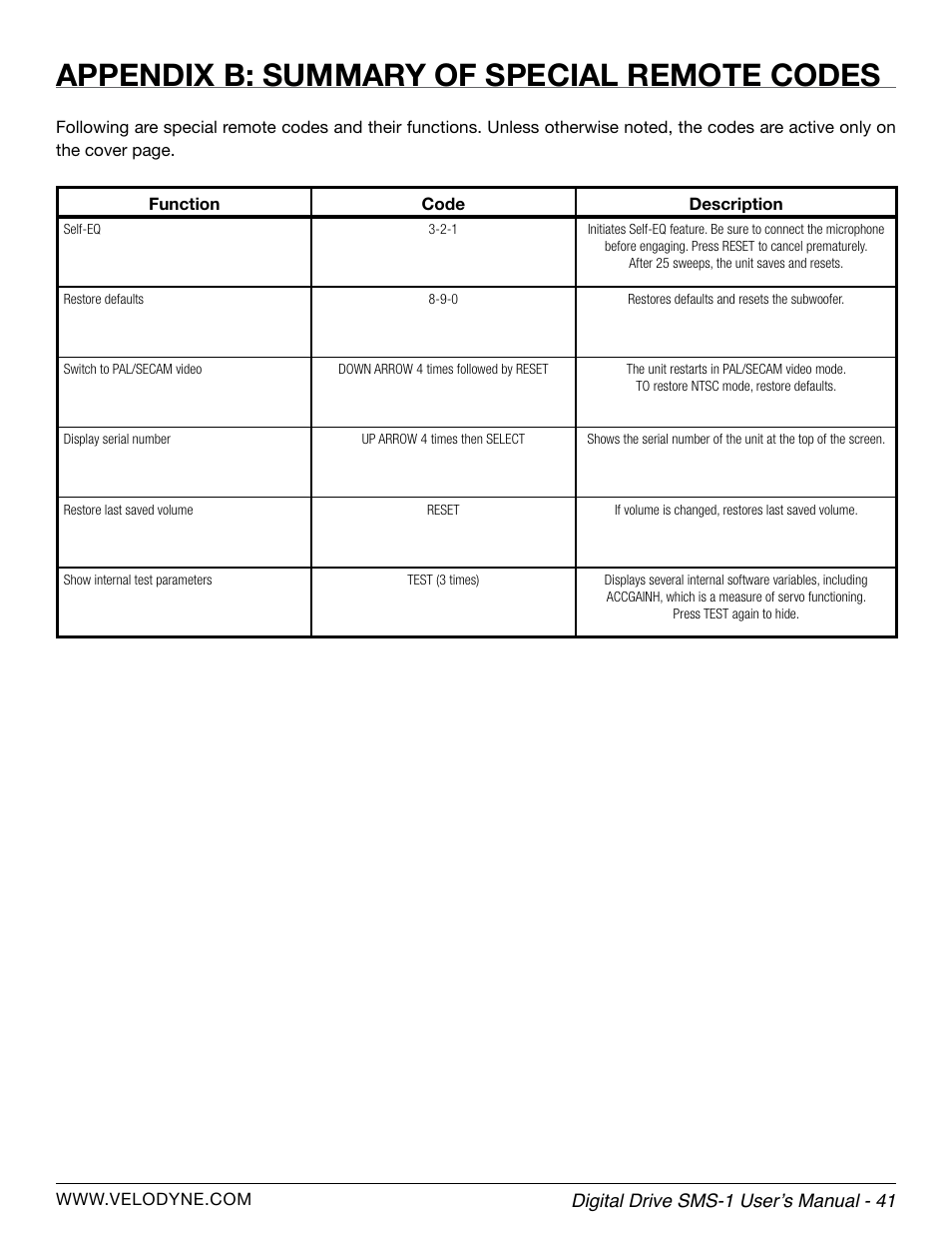 Appendix b: summary of special remote codes | Velodyne SMS-1 User Manual | Page 47 / 49