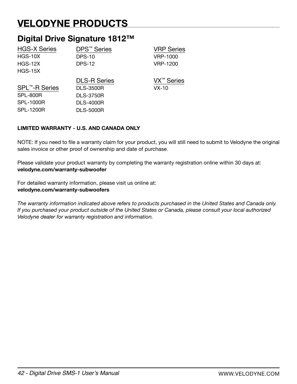 Velodyne products, Digital drive signature 1812 | Velodyne SMS-1 User Manual | Page 48 / 49