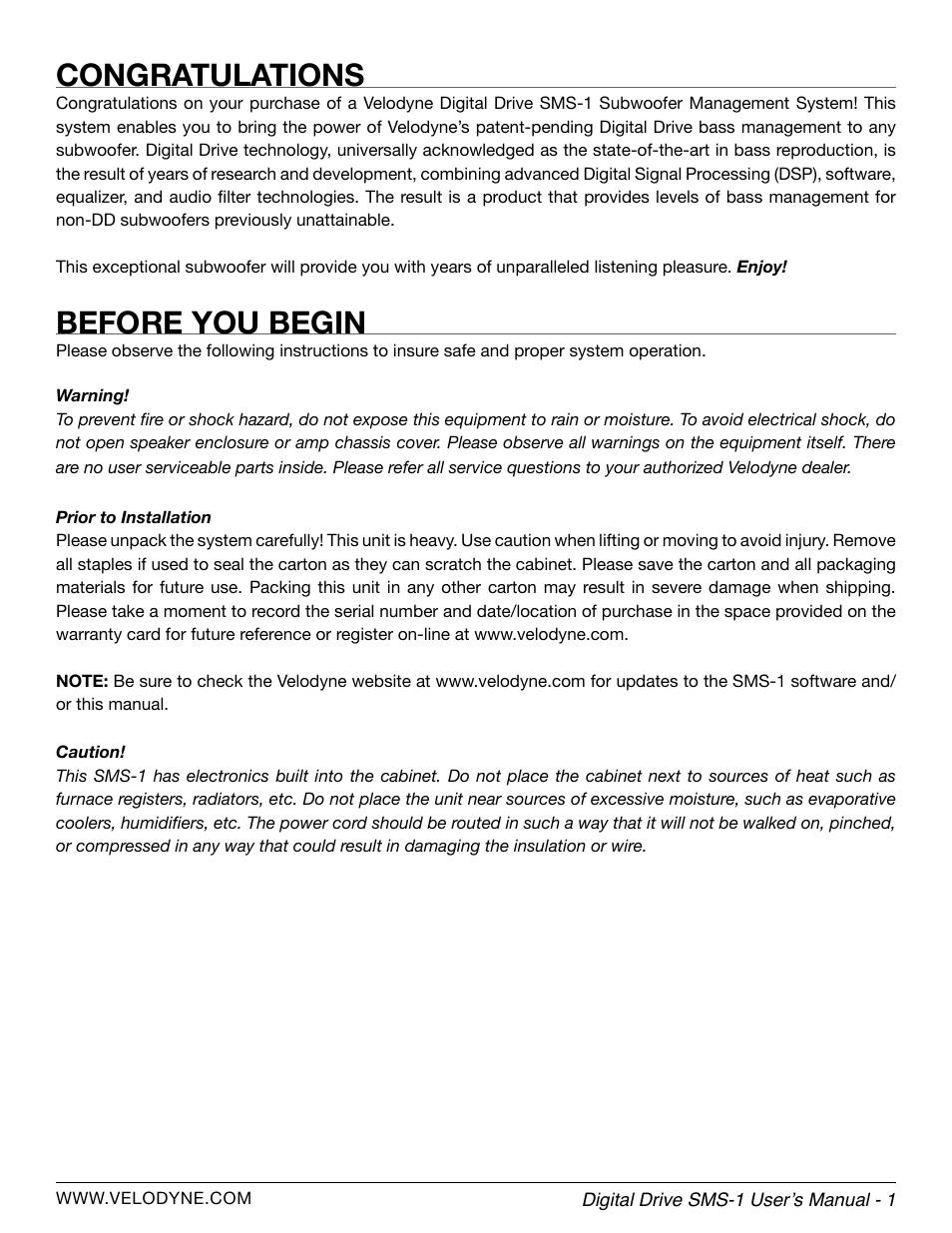 Before you begin | Velodyne SMS-1 User Manual | Page 7 / 49