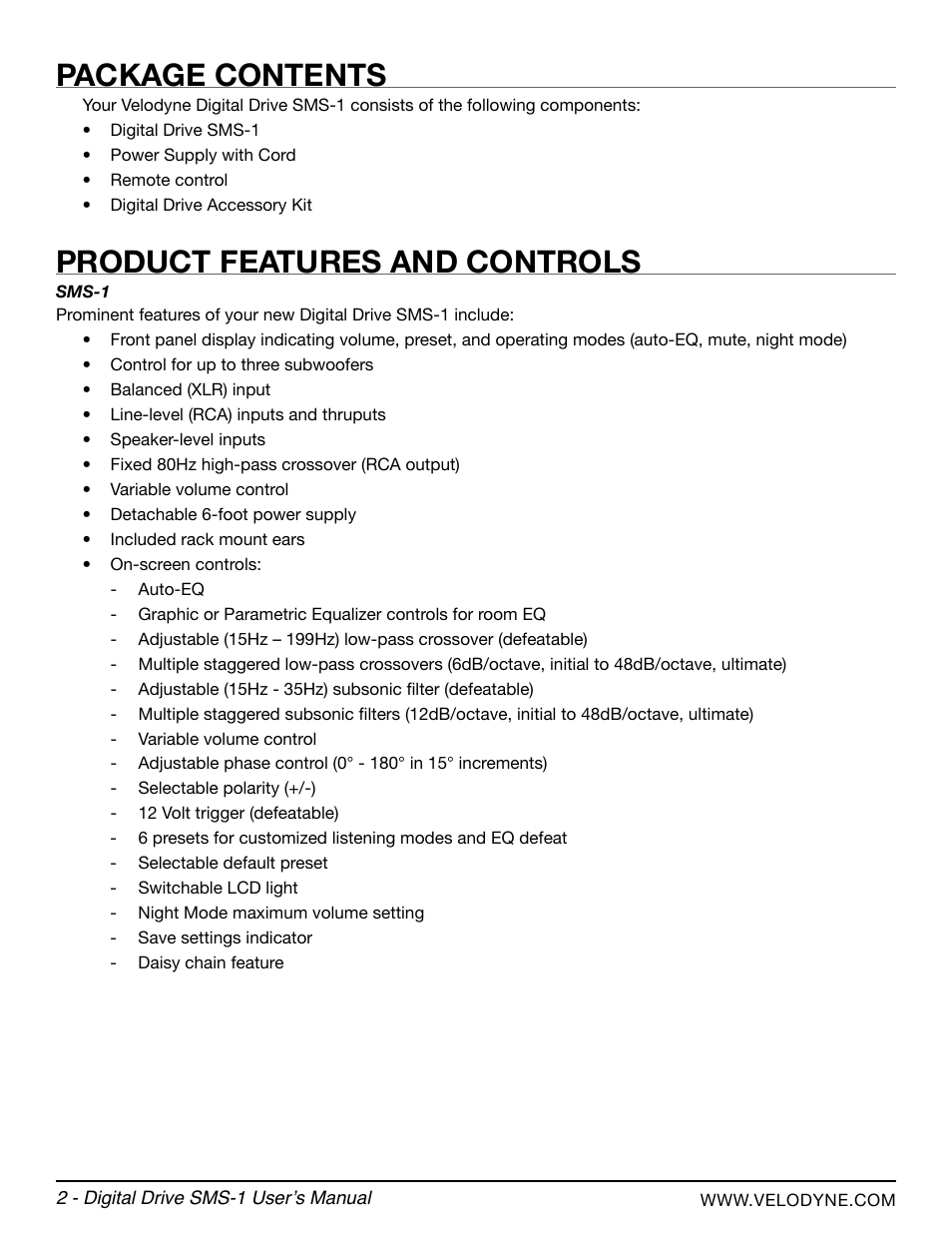 Package contents, Product features and controls | Velodyne SMS-1 User Manual | Page 8 / 49