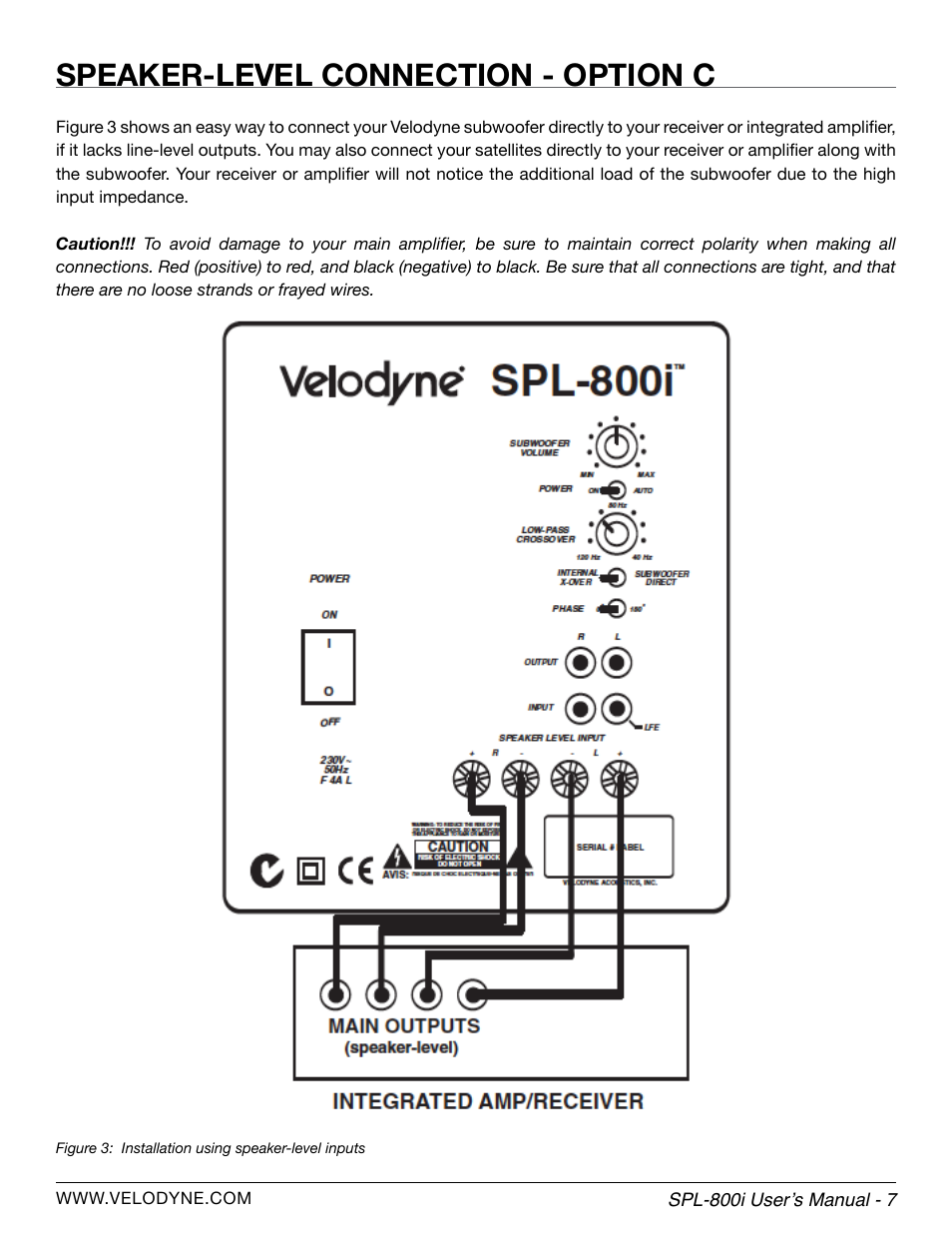 Speaker-level connection - option c | Velodyne SPL-800i User Manual | Page 13 / 20