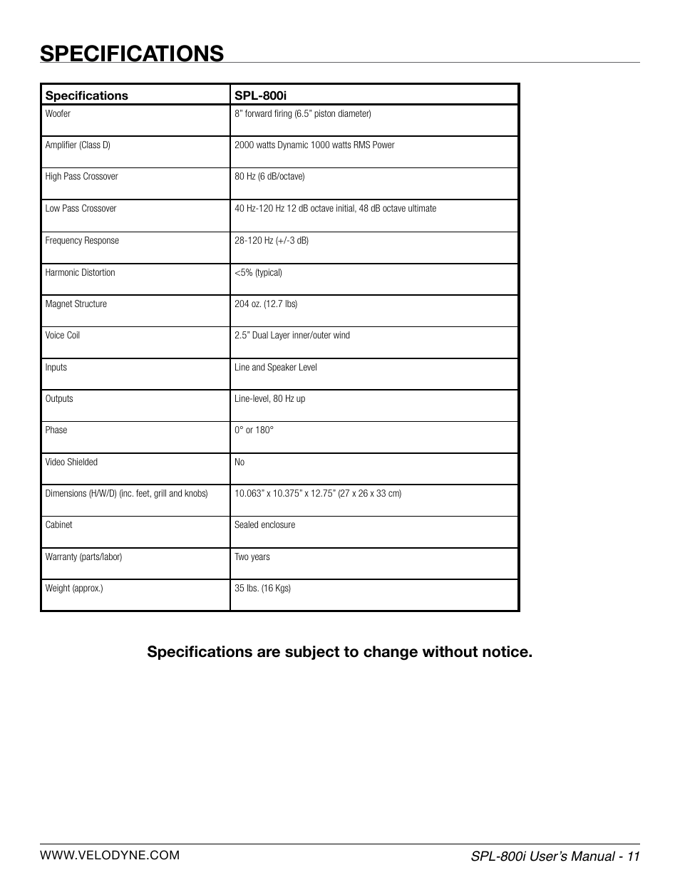 Specifications | Velodyne SPL-800i User Manual | Page 17 / 20