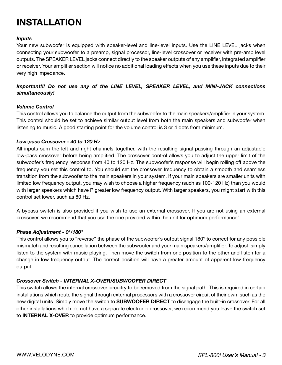 Installation | Velodyne SPL-800i User Manual | Page 9 / 20