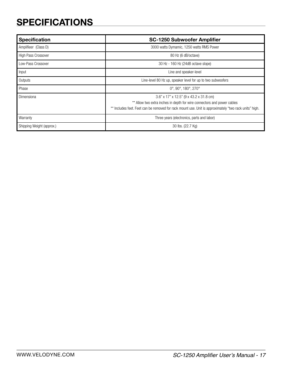 Specifications | Velodyne SubContractor Series User Manual | Page 23 / 30