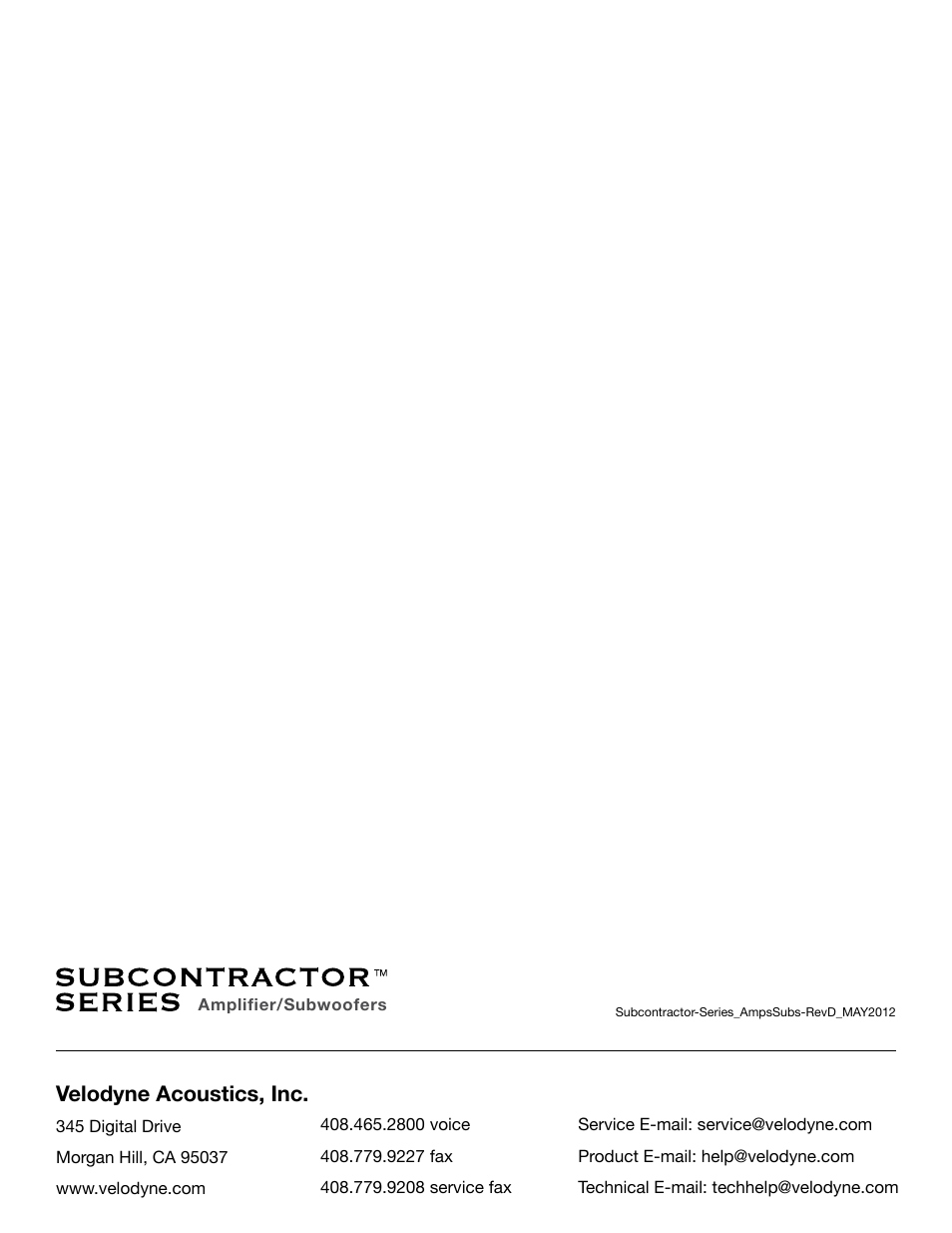 Velodyne acoustics, inc | Velodyne SubContractor Series User Manual | Page 30 / 30