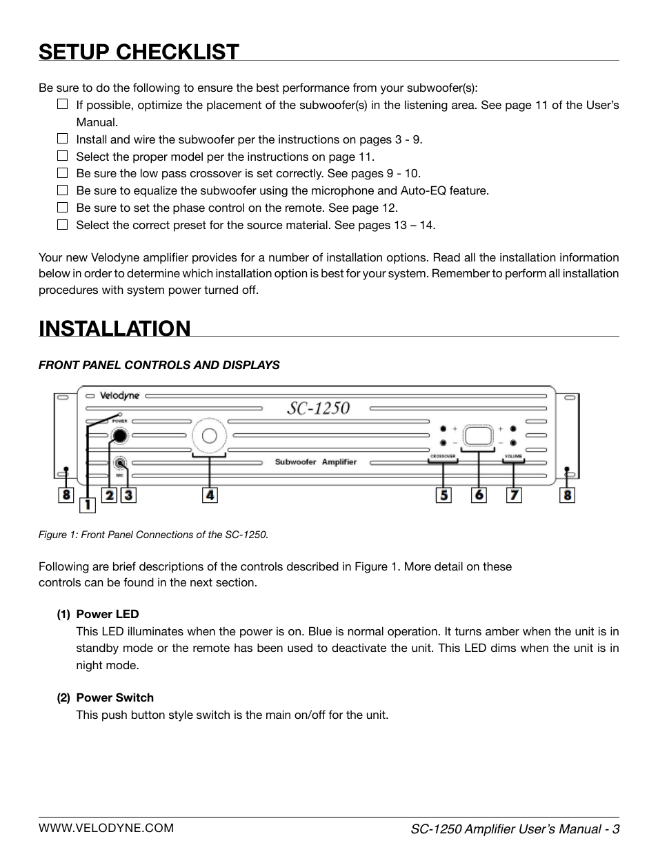 Setup checklist, Installation | Velodyne SubContractor Series User Manual | Page 9 / 30
