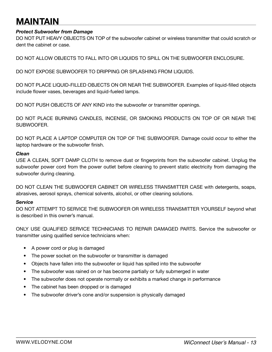 Maintain | Velodyne WiConnect User Manual | Page 19 / 24