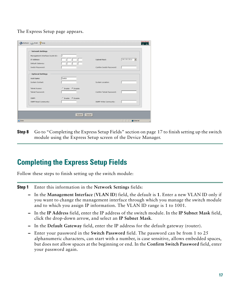 Completing the express setup fields | Cisco 3020 User Manual | Page 17 / 36