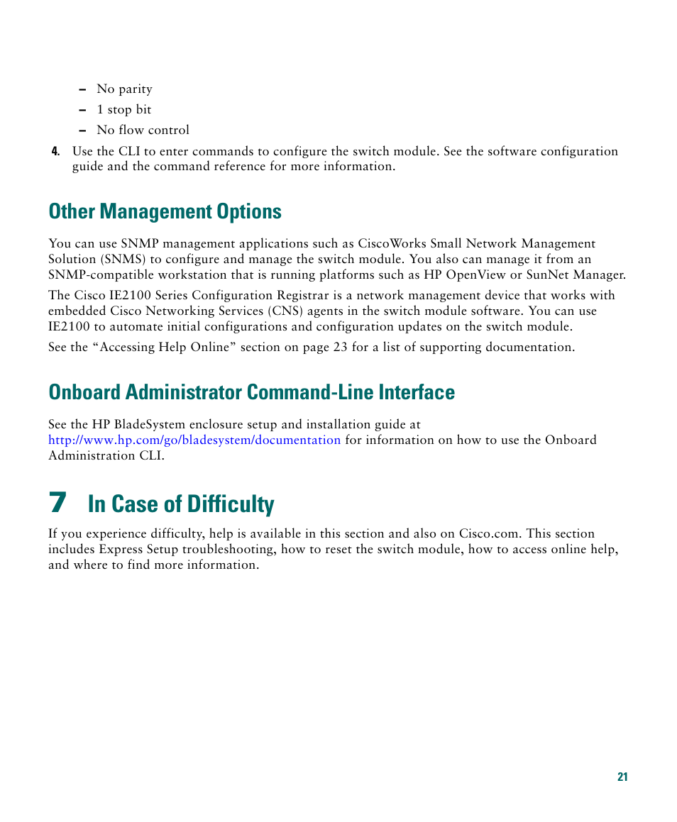 Other management options, Onboard administrator command-line interface, 7 in case of difficulty | In case of difficulty | Cisco 3020 User Manual | Page 21 / 36